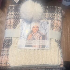 Plaid Hat and Blanket Scarf Set with Pom Pom